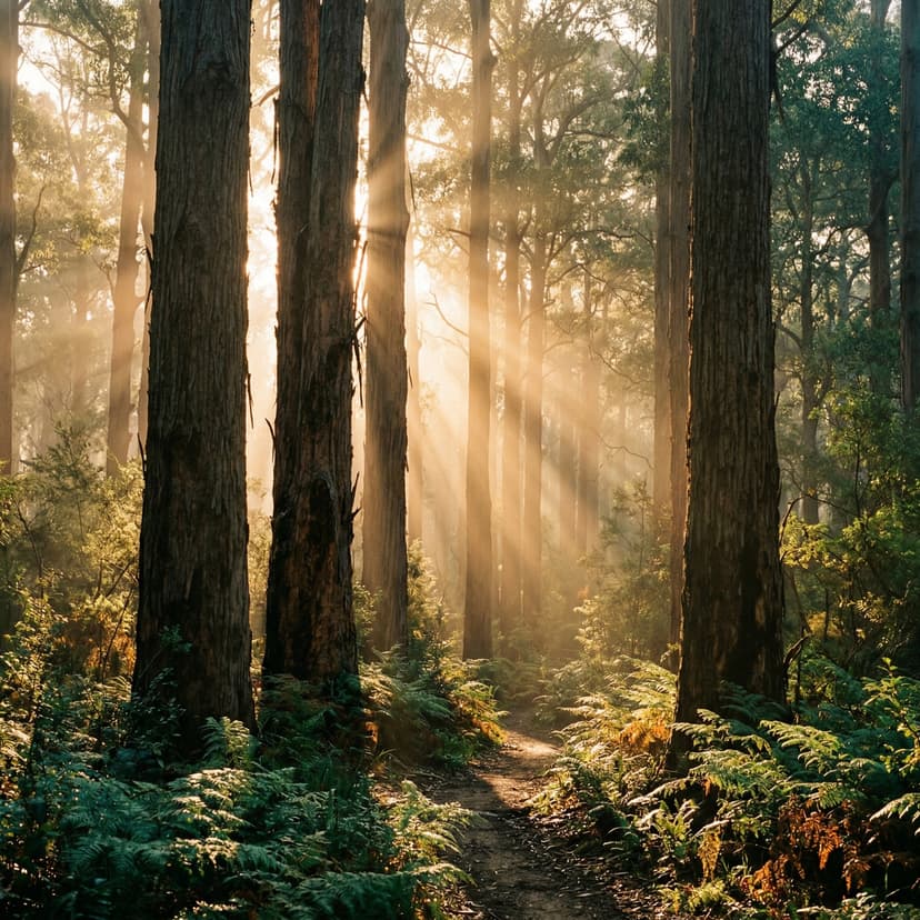 Golden forest sunlight through karri trees in Margaret River