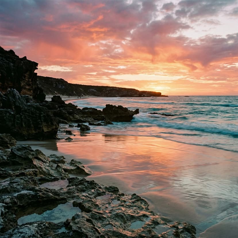 Sunset over the Indian Ocean with rocky coastline
